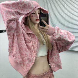 Lettering Embroidered Leopard Print Hooded Zip Jacket