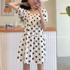Short-sleeve Dotted Tiered A-line Mini Dress Black Dot - White - One Size
