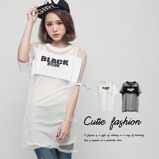 Short-sleeve Lettering Mesh Top