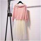 Set: Lace-up Sweater + Midi A-line Mesh Skirt