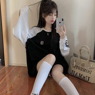 Set: Long-sleeve Letter Embroidered T-shirt + Shorts