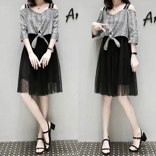 Elbow-sleeve Mock Two-piece Mesh Dress