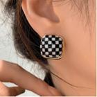 Square Check Alloy Earring A - 1 Pair - 925 Silver Needle Earrings - Black & White - One Size