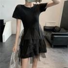 Knit Mesh Panel A-line Dress Black - One Size