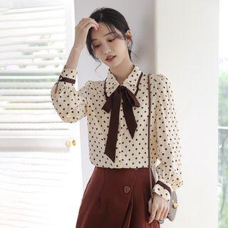 Ribbon Tie-neck Dotted Chiffon Shirt
