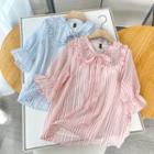 Short-sleeve Tie-neck Striped Frill Trim Blouse