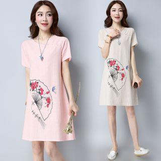 Short-sleeve Floral & Fan Print A-line Dress