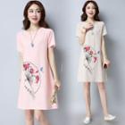 Short-sleeve Floral & Fan Print A-line Dress