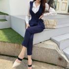 Set: Long-sleeve Blouse + Pinstriped Vest + Cropped Dress Pants