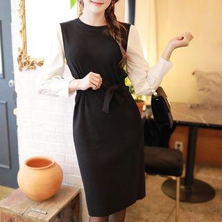 Shirt-sleeve H-line Midi Knit Dress With Sash