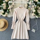 Small Stand-collar Lace-up Strap Long-sleeve Knit Dress