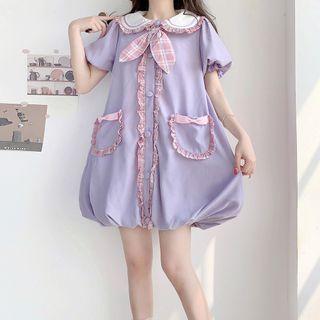 Puff-sleeve Button-up Ruffle Mini Dress