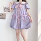 Puff-sleeve Button-up Ruffle Mini Dress