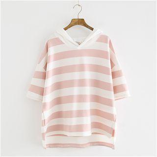 Elbow-sleeve Hooded Striped Top
