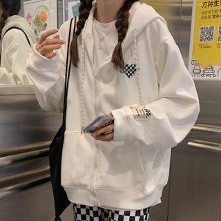 Checker Print Heart Embroidered Zip Hoodie