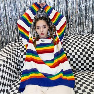 Couple Loose-fit Rainbow-stripe Knit Sweater