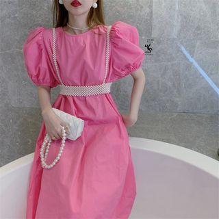 Set: Puff-sleeve Midi A-line Dress + Faux Pearl Camisole Top