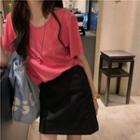 Short-sleeve Cutout Plain T-shirt Rose Pink - One Size