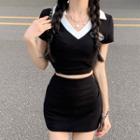 Short-sleeve V-neck Crop Top / Mini Skirt