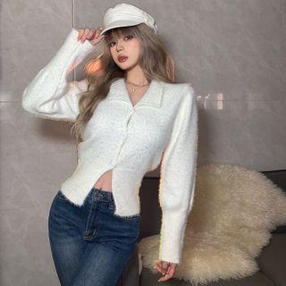 Collared Button-up Fluffy Knit Top