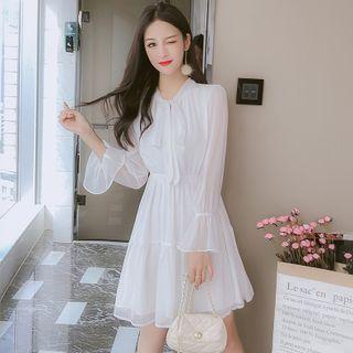 Long-sleeve Plain Bow Chiffon Dress