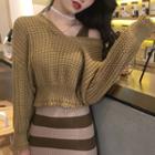 Plain V-neck Cropped Sweater / Striped Slim-fit Sleeveless Dress