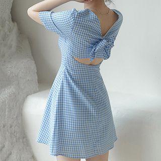 Bow-detail Open-back Short-sleeve Check Dress