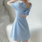 Bow-detail Open-back Short-sleeve Check Dress