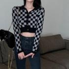 Checkerboard Collared Cardigan / Cropped Straight Leg Jeans