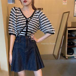Contrast Color Elbow-sleeve Cropped Cardigan As Shown In Figure - One Size