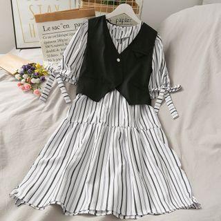 Set: Ribbon-cuff Striped Midi Dress + One-button Vest White - One Size