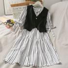 Set: Ribbon-cuff Striped Midi Dress + One-button Vest White - One Size