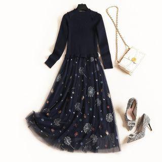 Long-sleeve Floral Embroidered Midi A-line Mesh Overlay Dress