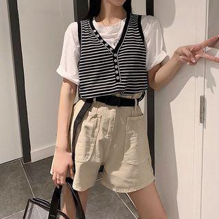 Sleeveless Striped Buttoned Knit Top