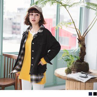 Mock Two Piece Plaid Panel Denim Jacket