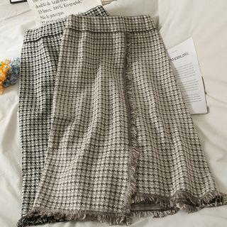 Checker Fringed-trim Midi Skirt