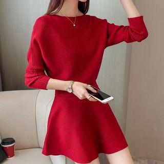 Set: Long-sleeve Plain Knit Top + A-line Skirt