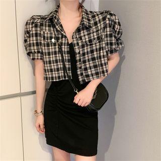 Short-sleeve Plaid Shirt / Spaghetti Strap Dress