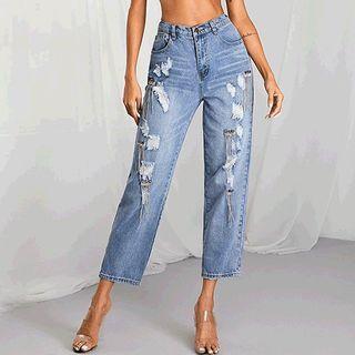 Distressed Rhinestone Fringe Straight Leg Jeans