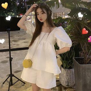 Set: Plain Square-neck Puff-sleeve Blouse + Plain High-waist Skirt White - One Size