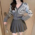 V-neck Printed Cardigan / High-waist A-line Accordion Pleat Mini Skirt