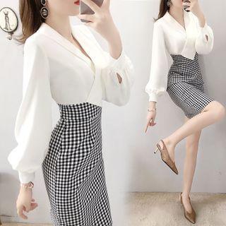 Puff-sleeve Gingham Panel Midi Sheath Dress