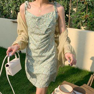Plain Cardigan / Floral Drawstring Mini Dress