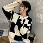 Checkered Collared Sweater Black & Beige - One Size