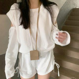 Set : Off-shoulder Round-neck Sweatshirt + Drawstring Shorts