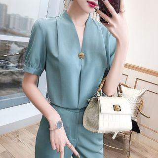 Set: Elbow-sleeve T-shirt Top + Dress Pants
