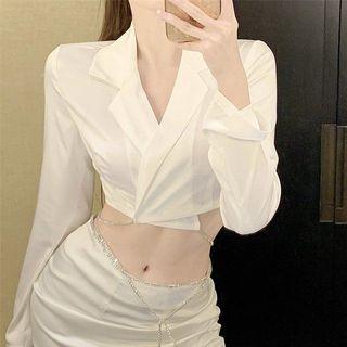 Long-sleeve Notch Lapel Chain Cropped Shirt