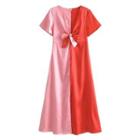 Short-sleeve V-neck Bow Two Tone Satin Midi Dress