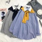 Long-sleeve Tie Neck Striped Shirt