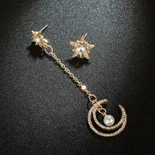 Non-matching Faux Pearl Rhinestone Moon & Star Dangle Earring 1 Pair - As Shown In Figure - One Size